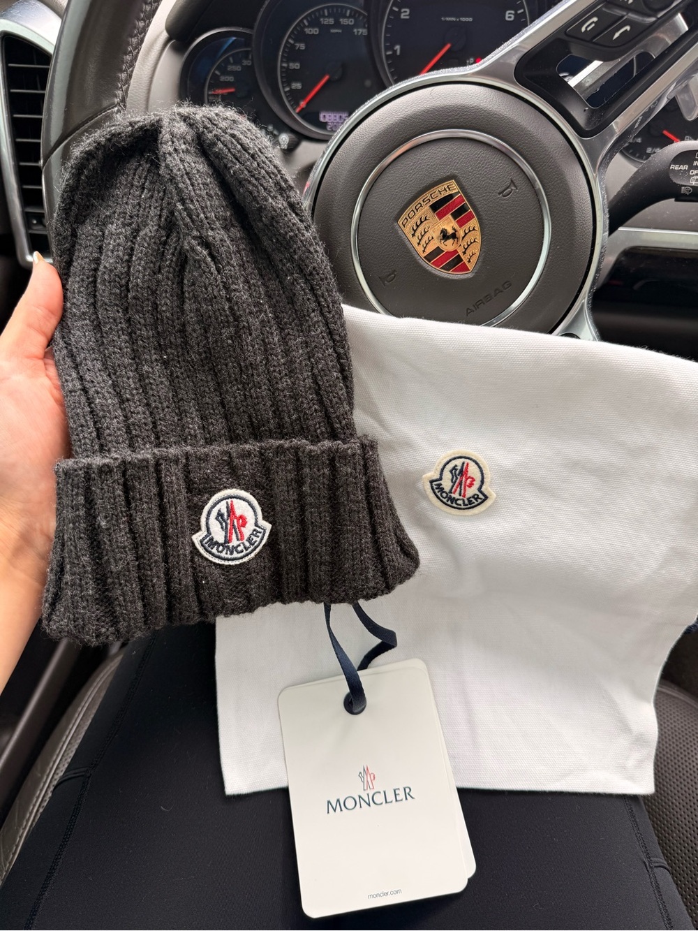 Moncler WOOL Ribbed Knit Beanie Hat Gray Used No Pom Pom w/ Dust Bag & Tags